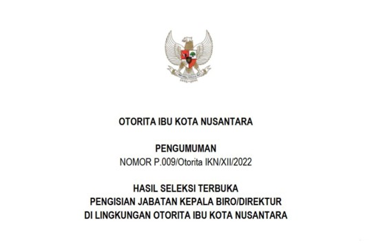 Pengumuman Hasil Seleksi Terbuka Pengisian Jabatan Kepala Biro/Direktur di Lingkungan Otorita Ibu Kota Nusantara